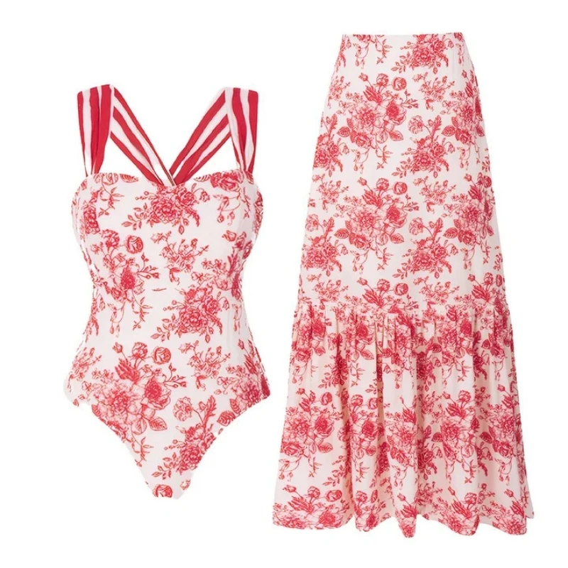 2Pc Striped One Piece Swimsuit Women Sexy Bikini Push Up Swimwear Bandeau Biquini Female Bow Tie Bathing Suit Cover Up Beachwear