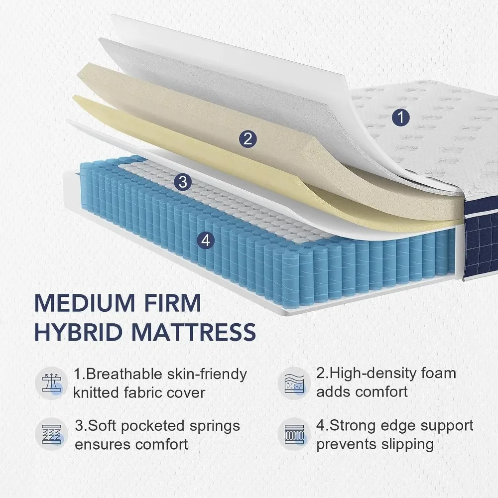 King Mattress, 12 Inch Hybrid Mattresses in a Box, Made of Memory Foam and Individual Pocketed Springs, Release Pressure