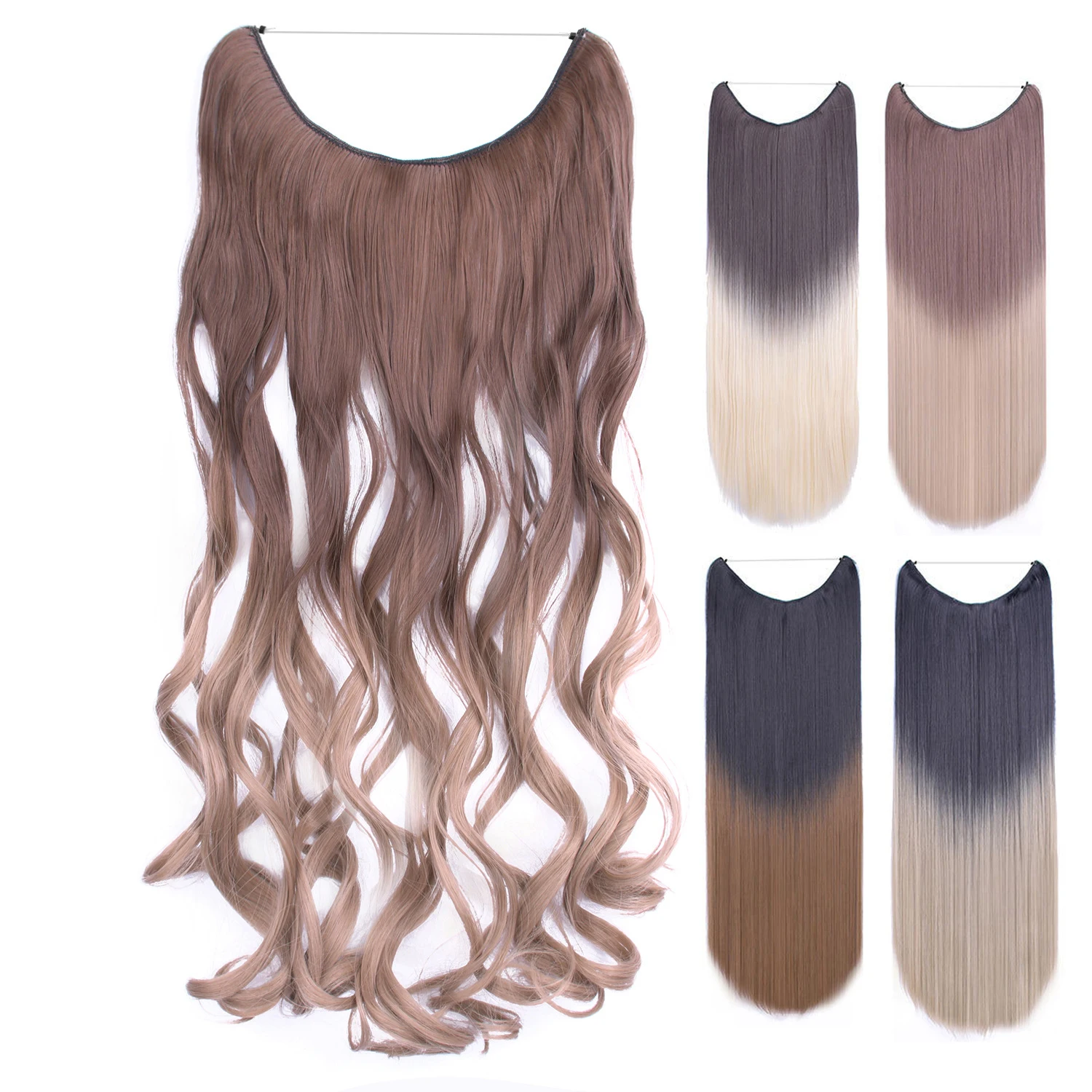 Jeedou Hair Extension Straight & Wavy Ombre Color Elasticity Invisible Wire Fish Line One Piece No Clips Synthetic Hairpieces