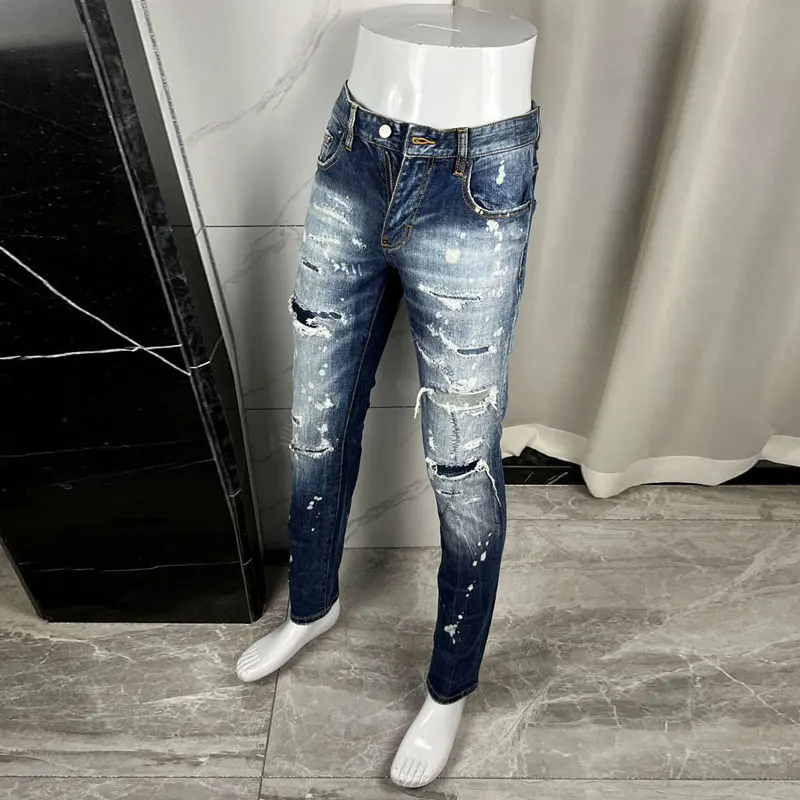 Jeans Pria Baru Fashion Desainer, Dicuci, Nostalgia, Melar, Slim Fit, Sobek, Dicat, Jeans Biru, Merek Hip Hop High Street