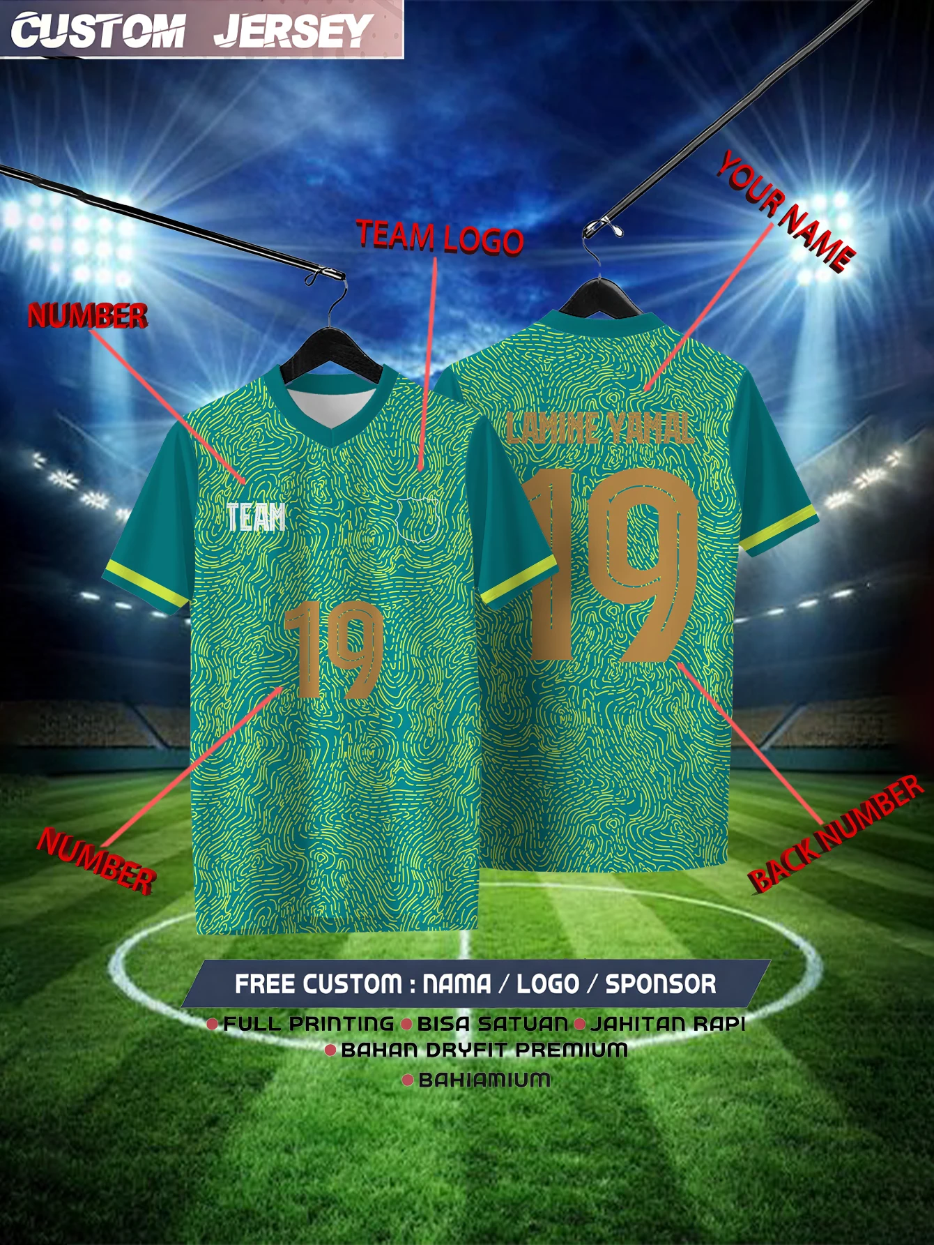 

Customized Geometric Green Short Sleeved Shirt with Team Name, Emblem, Name and Number, Outdoor Sports Short Sleeved T-shirt
