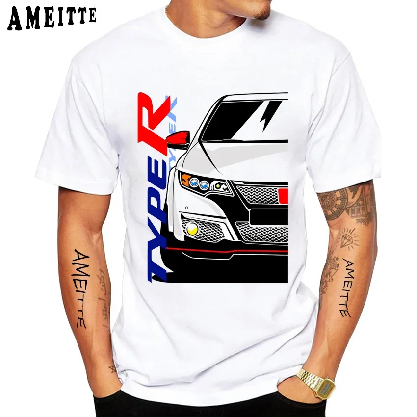 Civic Type R Front Face Design Funny T-Shirt Men Short Sleeve Vintage Hip Hop Boy Casual Tops JDM Car Classic Fan White Tees