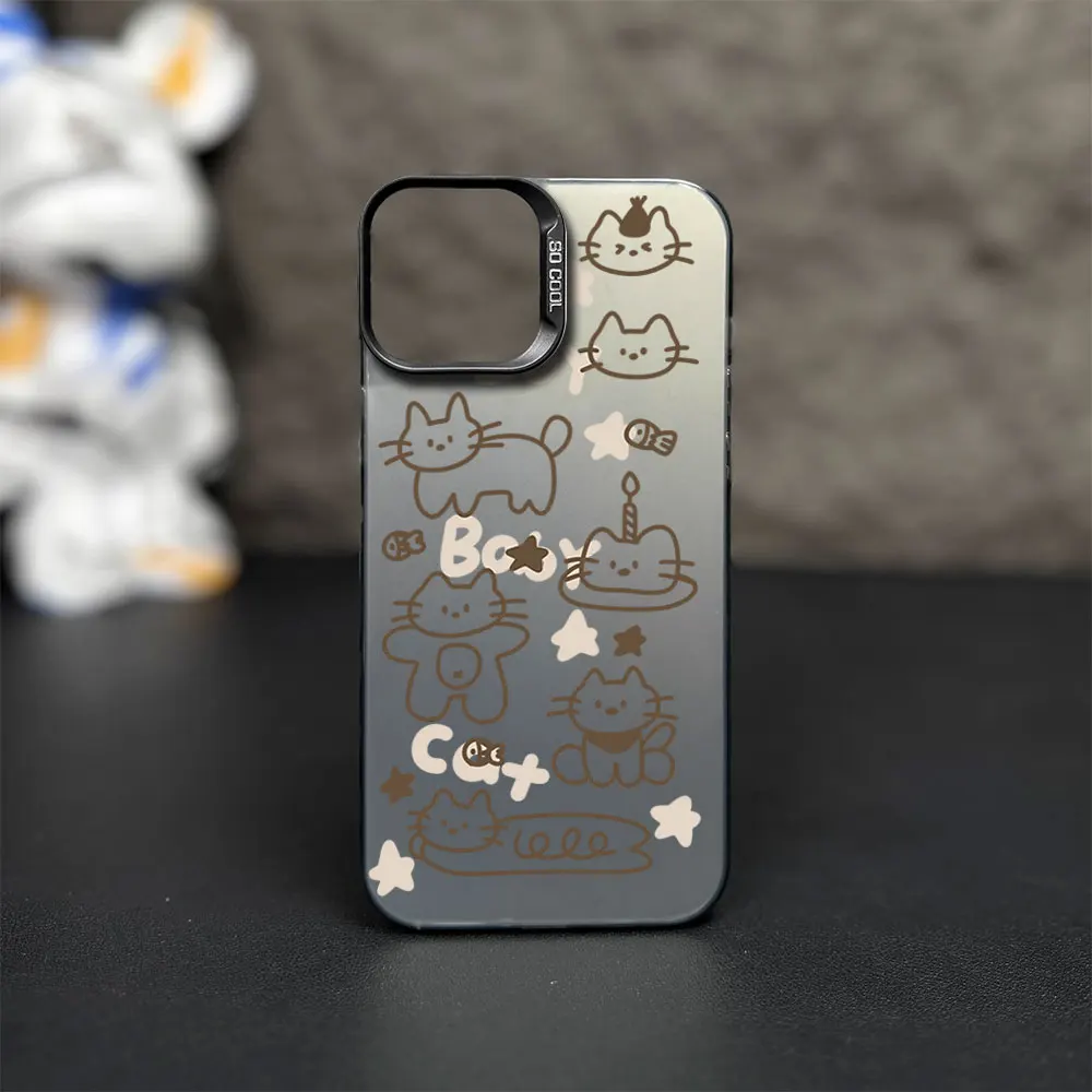 Funny Cute Sketch Cat Animal Printstream Phone Case for iPhone 12 11 13 IMD 14 15 16 Max Pro Plus Laser Cover