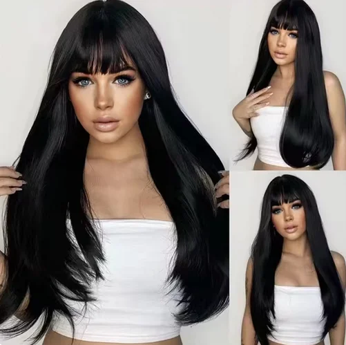 New selling wig female black long hair with bangs shaggy face wig synthetic fiber high temperature silk mechanism head cover