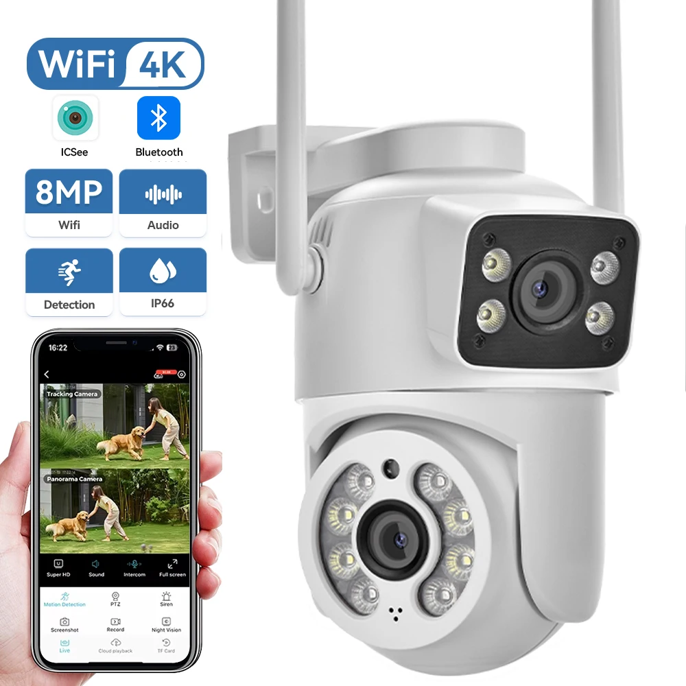 4K 8MP PTZ WiFi Security Surveillance Dual Lens Outdoor Auto Tracking Dual Screen AI Human Detection Color Night Vision Camera