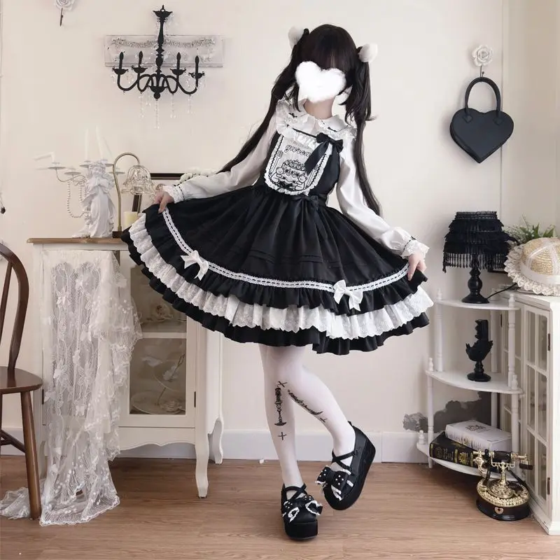 Kawaii Princess Sweet Lolita sukienka z falbankami JSK letnia sukienka na szelkach dziewczęca koronkowa sukienka z kokardką Party Loli