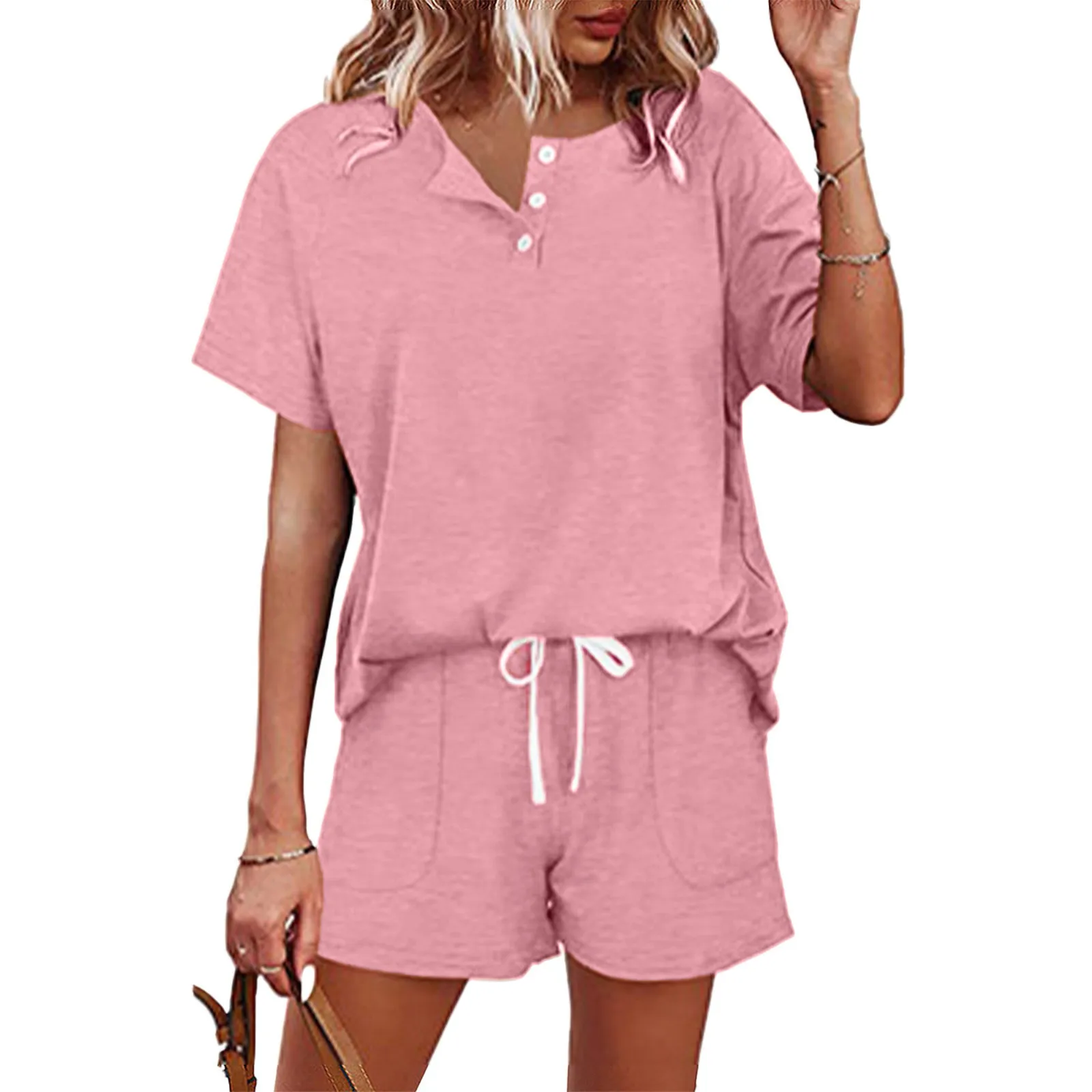 2024 New Two Piece Set For Women Short Sleeve Button Casual T Shirt Fashion Solid Drawstring Shorts 2 Piece Sets Women Outfits