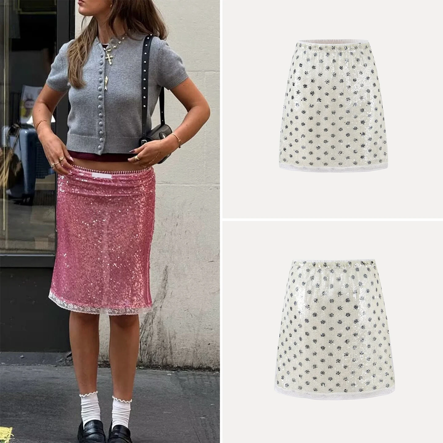 Fashionable Two-Tone Sequin Lace Trim Elastic Waist  Skirt Women's Summer 2026 ZADATA Brand Bright Shiny Half-length Skirts