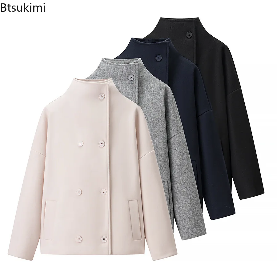 New Women Elegant Double-breasted Turtleneck Tweed Coat Soft Commute Chic Outerwear Fall Winter Casual Solid Jacket for Ladies