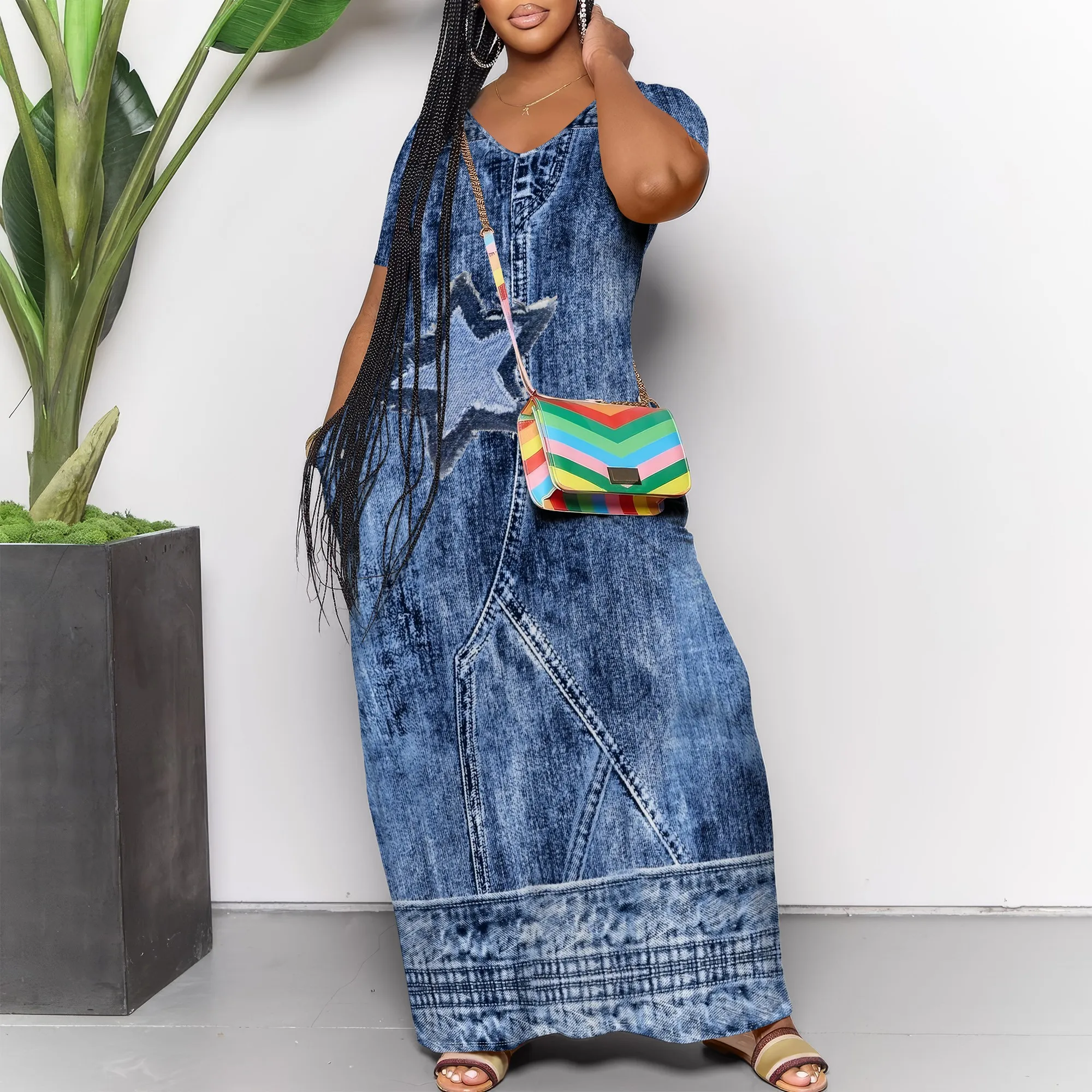 

Women's Striped Polyester Denim Style Sleeveless Dress Blue Slit Casual Party