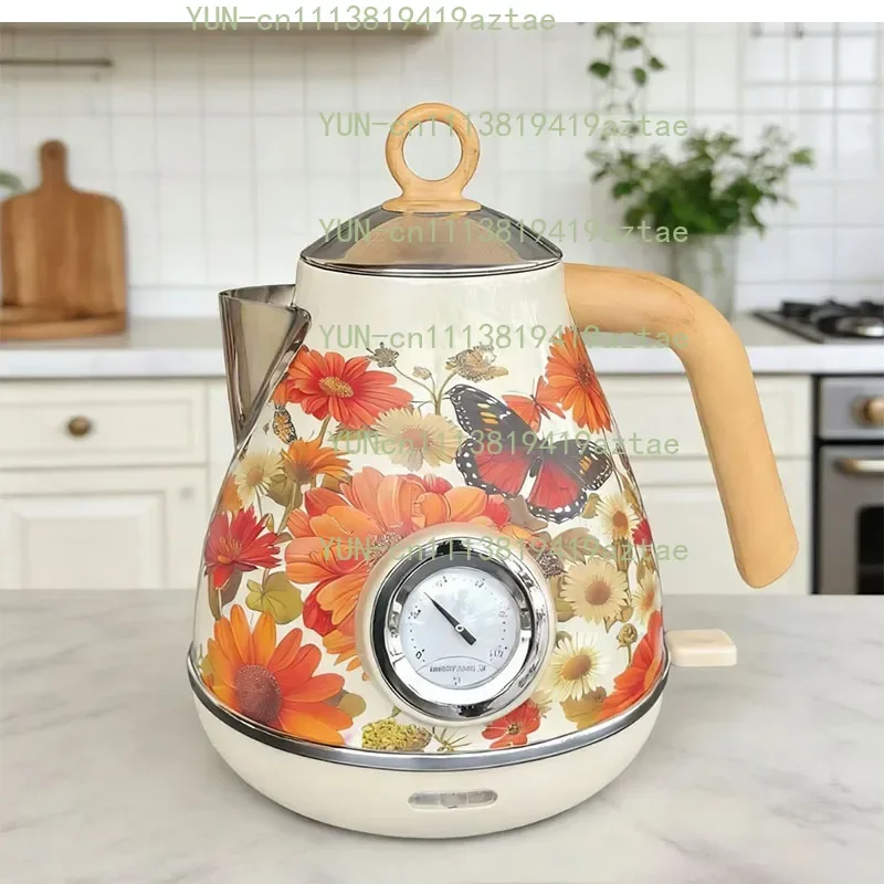 Light Luxury Cream White Floral Deca Kettle Retro Floral Butterfly Electric Kettle Temperature Display Boil Dry Protection 1.7L
