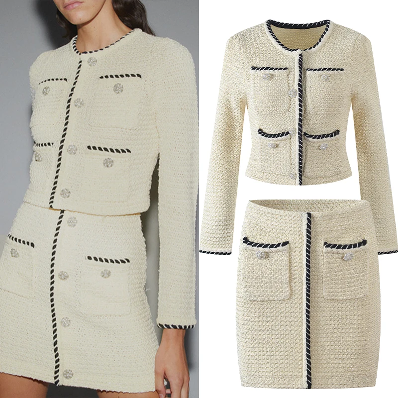 

Ele Paris S Home цвета слоновой кости, вязаный цветной топ с блестками, кардиган, юбка, комплект, женский модный осенне-зимний наряд, комплект из двух предметов