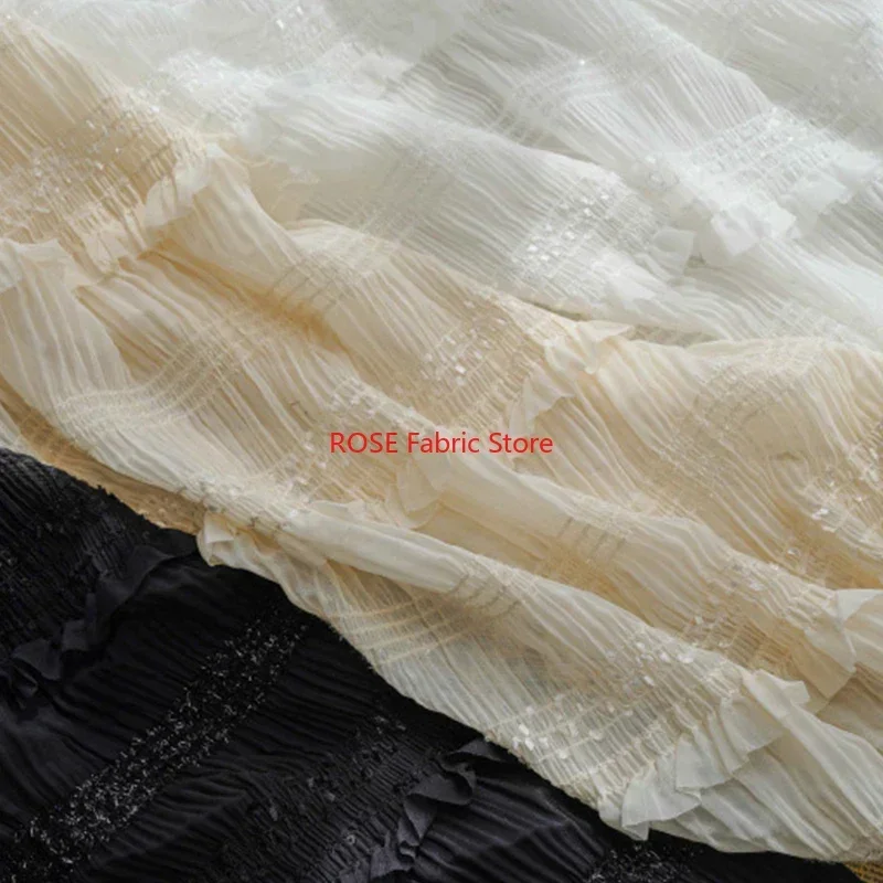 

Soft Pleated Chiffon Wedding lace Fabric, Ruffled Striped fabric in Off white For Wedding Prom, Cupcake dress, Rehearsal Dress