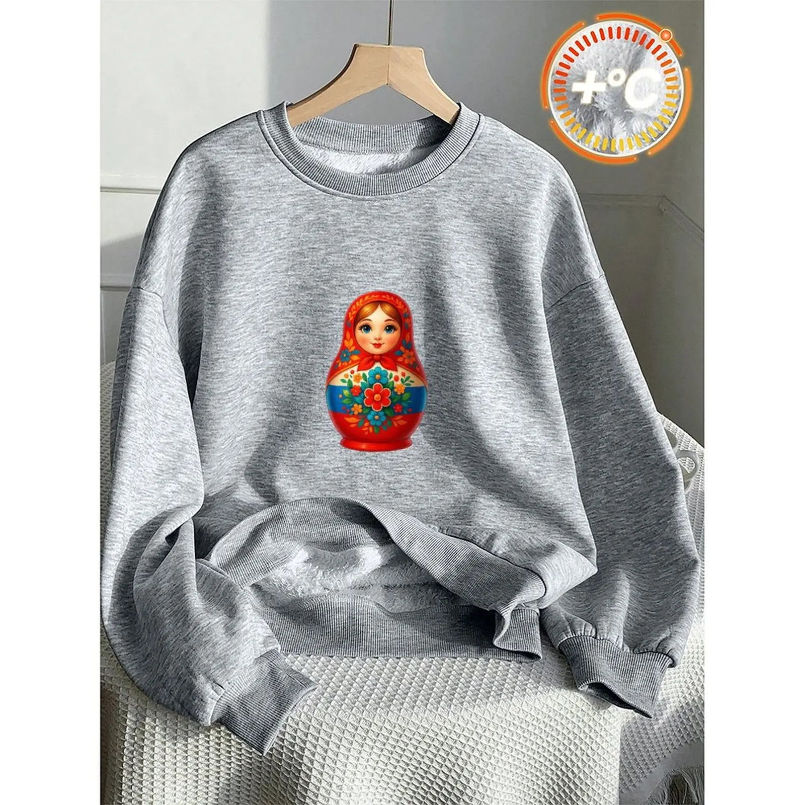 เสื้อสเวตเตอร์ผู้หญิงคอกลมกำมะหยี่ฤดูหนาวลำลอง ‌ ตุ๊กตาแมทริออชก้า ‌   เสื้อพิมพ์ลายตุ๊กตา เสื้อผ้าผู้หญิง เสื้อยืดลำลอง เสื้อท็อป