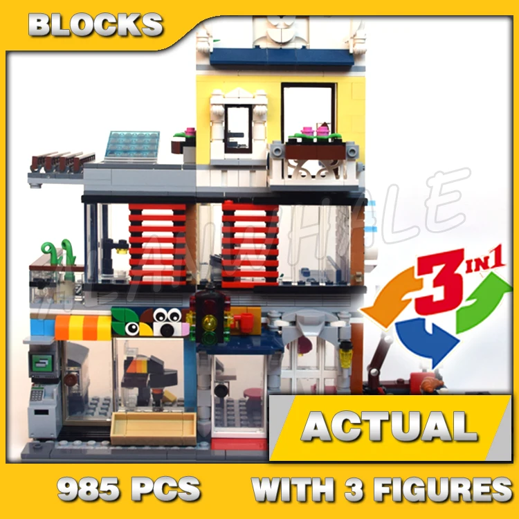 985pcs Creative 3in1 Townhouse Pet Shop & Cafe multi-story Market Street Tram 11401 Building Block Toy Compatible with Model