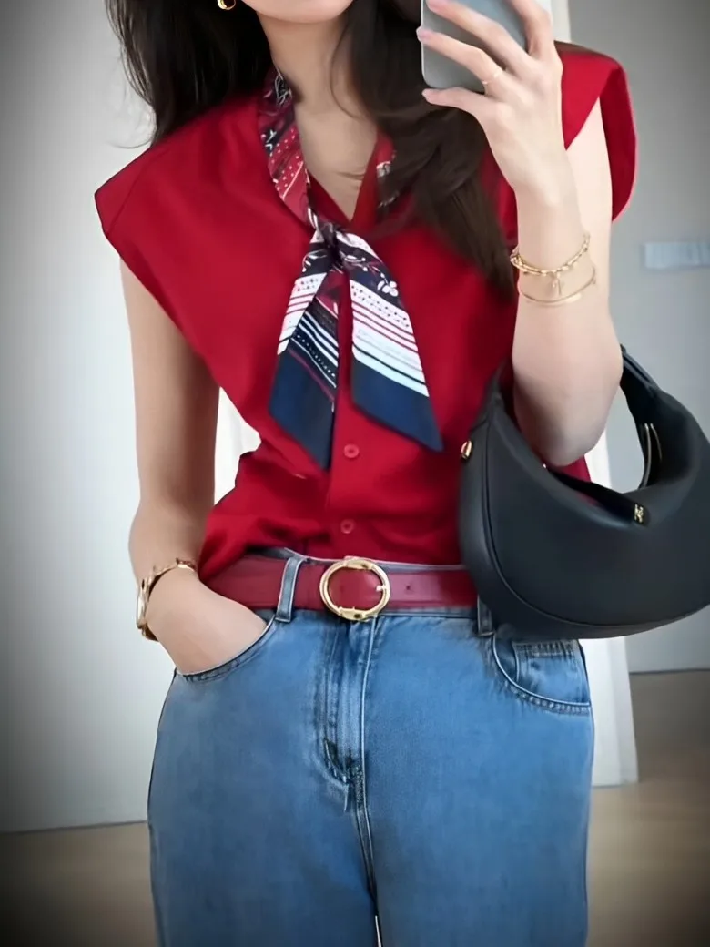 

Шелковый шарф Ele с одной пуговицей, дизайн V-Ne, женская футболка, новинка лета, облегающий хлопковый топ для поездок на работу, ...