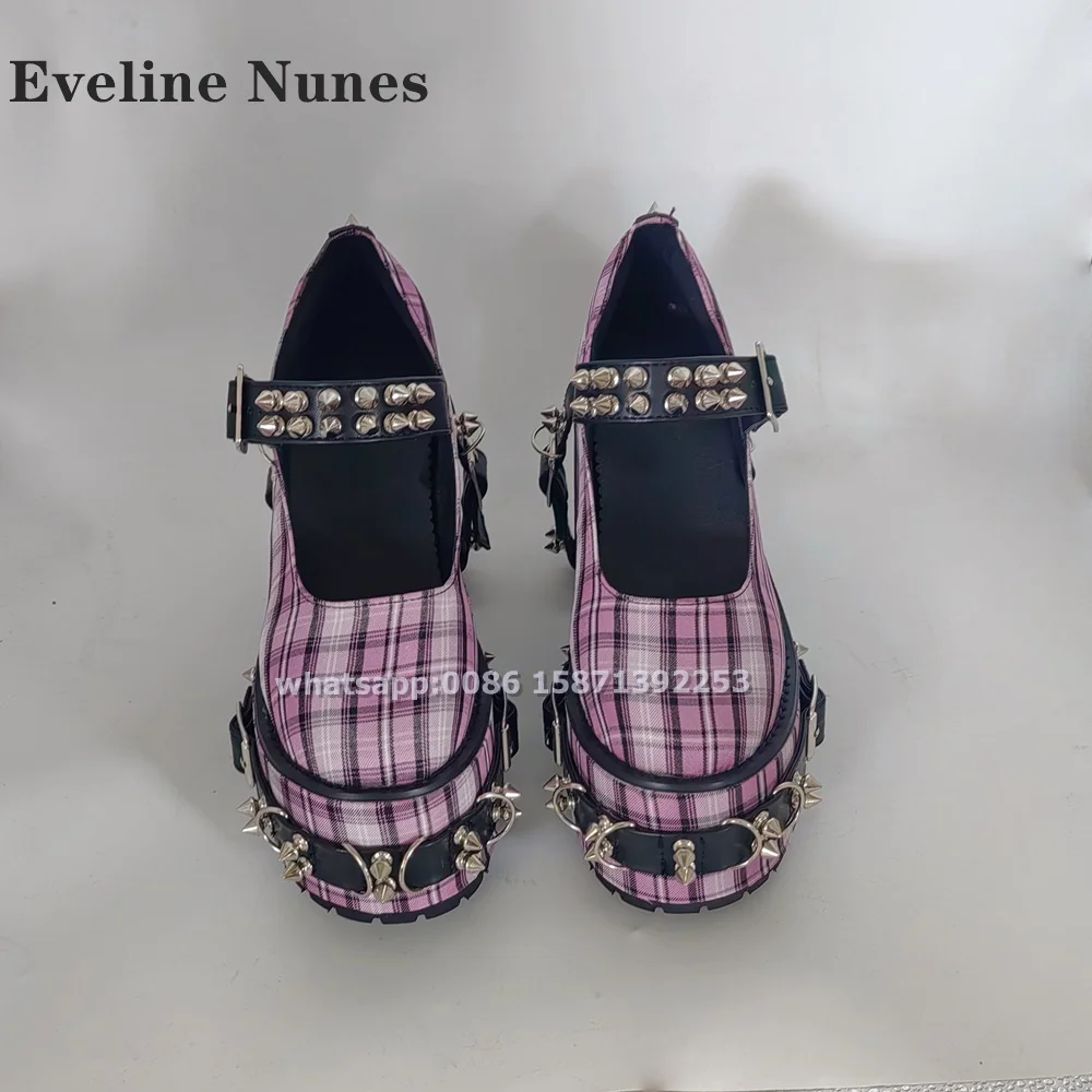 Pink Plaid Rivet Buckle Strap Pumps Round Toe Chunky Heels Shallow Punk Women Mary Janes Gothic Style Plus Size Shoes 2024 Trend