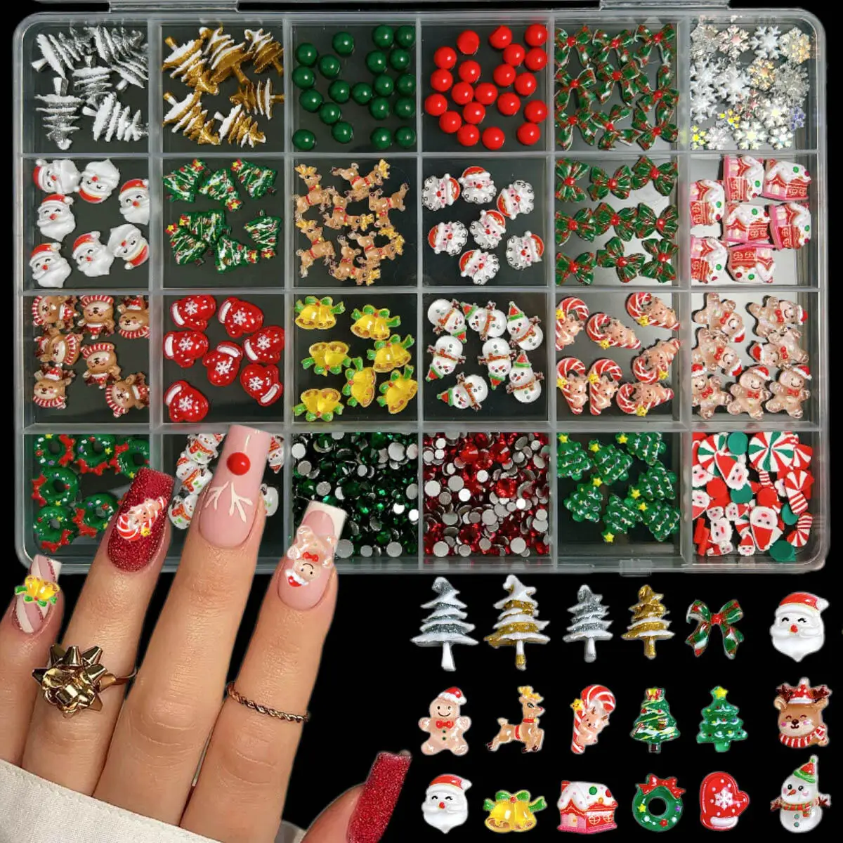 

1 Box Cute Cartoon Resin Christmas Series Nail Charms Santa Claus Snowman Bow Rhinestone Nail Art Decoration For Manicure DIY