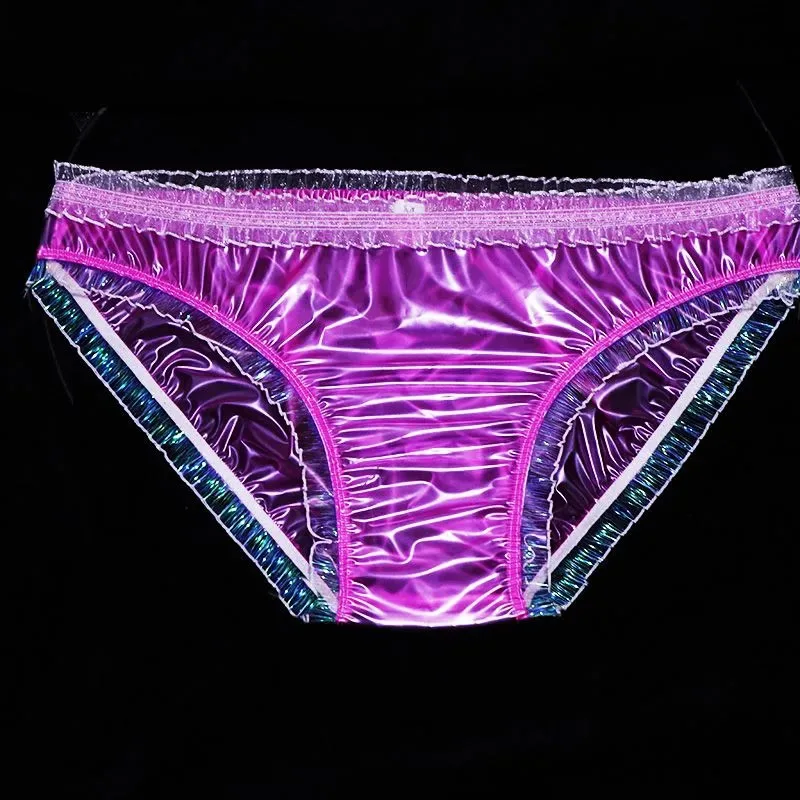 

Sexy Pink Lace Low Waist Briefs Transparent PVC Plastic Underpants Soft Smooth Glossy Panties Waterproof Couple Briefs