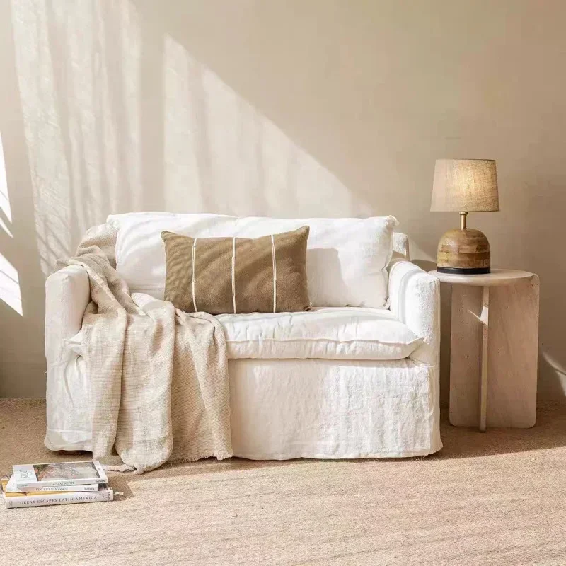 Wabi-sabi wind bedroom double sofa, removable and washable cotton and linen fabric down, modern and simple home