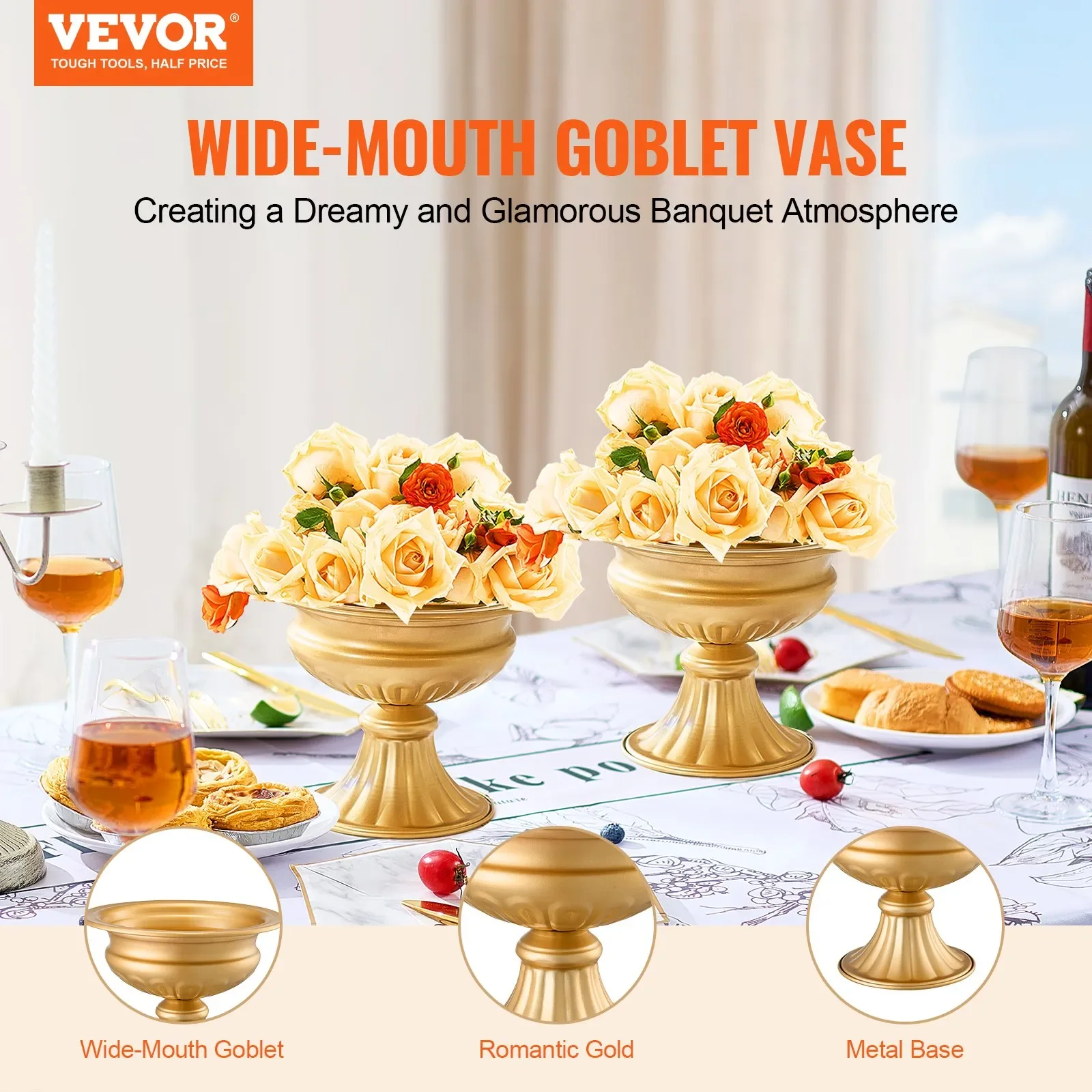 

VEVOR 10PCS Wedding Flower Vase 16cm/6.3” Flower Vase Metal Gold Table Floral Stand for Wedding/Celebration/Party Decoration