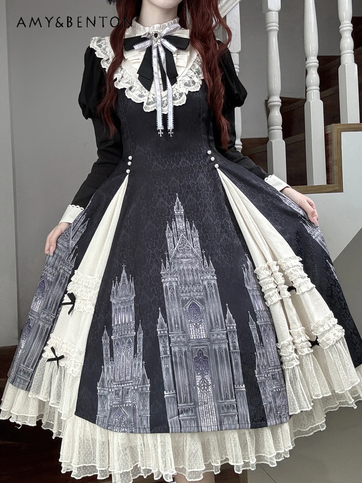 

British Style Queen Court Cosplay Lolita Dress Subculture Retro Print Splicing Color Long Sleeve Mid-length Elegant Dress Women