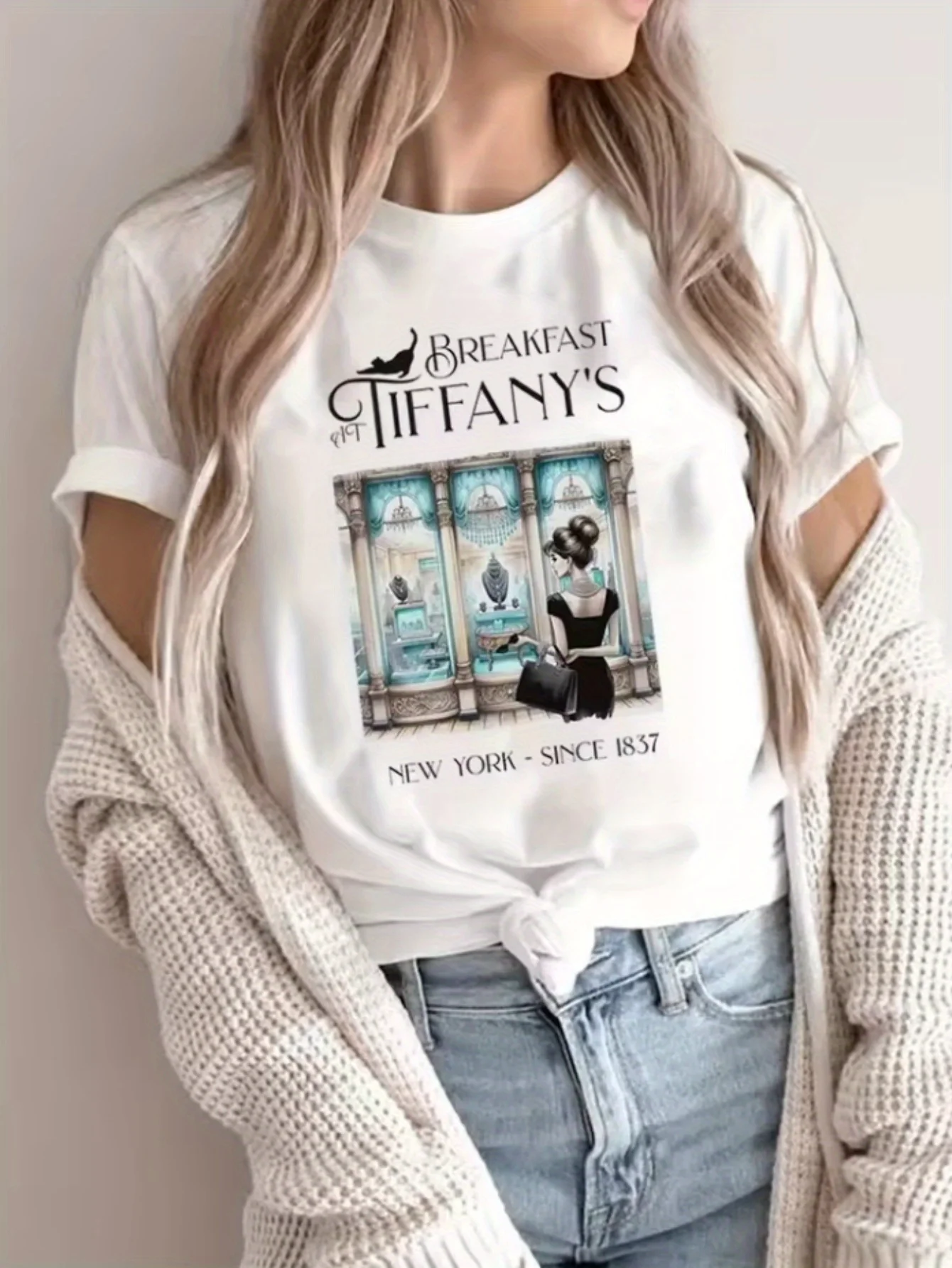 

Женская футболка с рисунком «Снедник в стиле Тиффани» — дизайн фильма Одри Хепберн, мягкий повседневный топ с эластичным круглым вырезом,