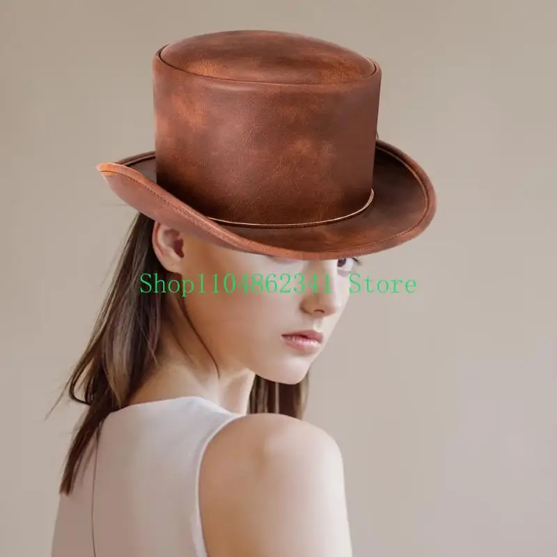 652F Cosplay Magician Top Hat PU Magician Cap Dressing up Accessory for Adult Teens