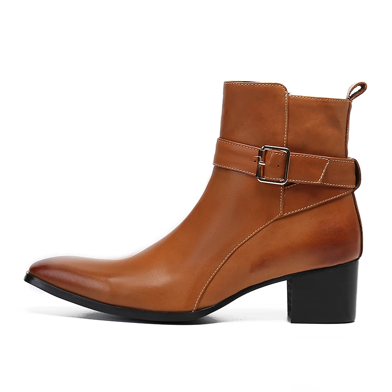 Winter Brown Buckle Pointed Men's Zipper Ankle Boots Genuine Leather Shoes Middle Heel Cowboy Office Large Short Boots