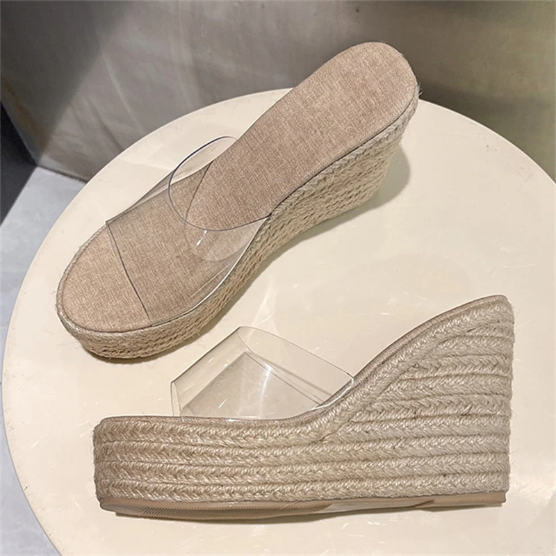 Eilyken Design Style Hemp Weave Open Toe Platform Wedges Women Slippers Summer PVC Transparent High Heels Slide Shoes view 3