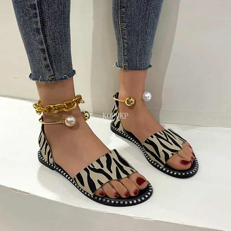 2023 New Summer Women Beaded Pearly Sandals Slippers Shoes Ladies Flats Sandals Flip Flop Casual Flat Slingback Sandals Shoes 43