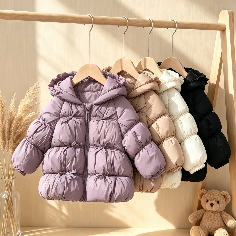 Girls Hooded Puffer Jacket with Ruffle Trim Cute Puff Sleeve Winter Coat Thick Warm Quilted Baby Outerwear for Cold Weather Tops