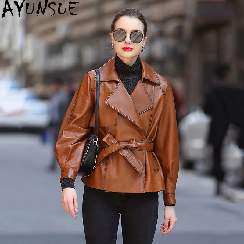 AYUNSUE Genuino Giacca di Pelle Delle Donne 2025 Primavera Autunno Vestiti Cappotti di pelle di Pecora Collare del Vestito Delle Donne Cappotto Cintura Jaqueta De Couro