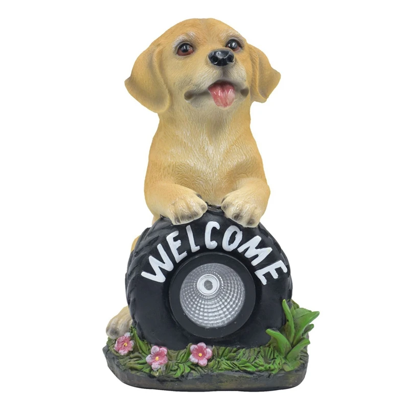 Statue de chien de jardin solaire avec lumières LED, signe de bienvenue, figurine de chiot 62, sculpture décorative durable, résine