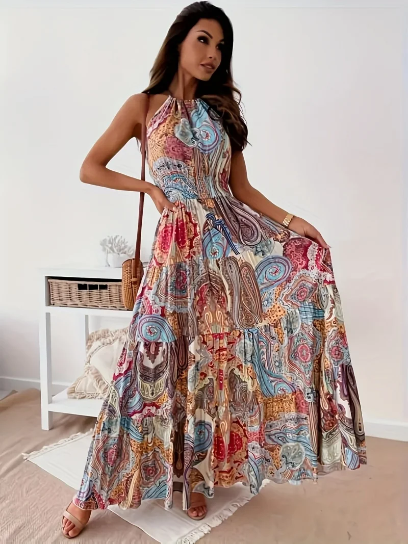 Plus Size Summer Women Halter Maxi Dress Sexy Floral Print Backless Bohemian Beach Dresses Fashion Ruffle Big Hem Long Dress