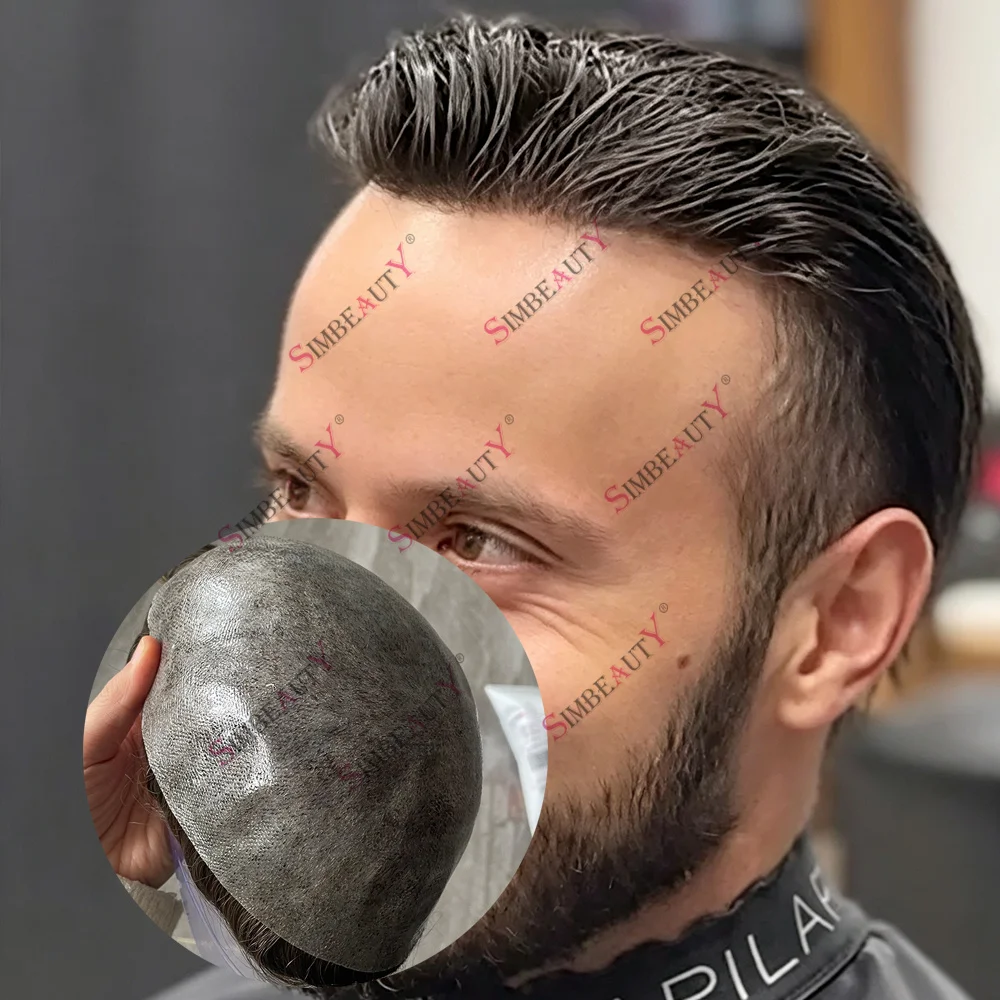 Natural Hairline Super Durable 0.1mm Injection PU Base Men Toupee Full Thin Skin Ash Brown Grey Man Human Hair System Prosthesis