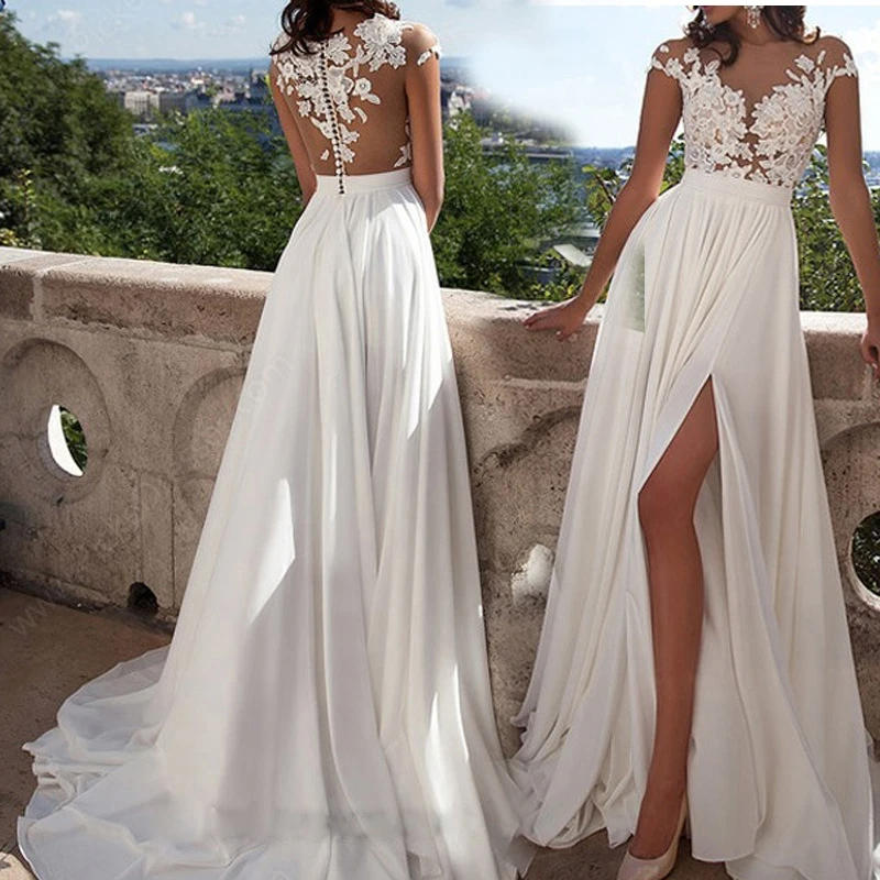White Sexy Lace Slit Evening Gown New Style Wedding Dress Loose Fit Intellectual Style Long Skirt Regular Sleeve Other Material