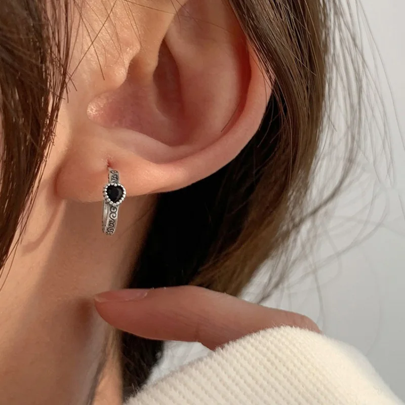 Foxanry Black Zircon Love Heart Stud Earrings For Women Girls Vintage Trendy Personality Temperament Hip Hop Birthday Jewelry