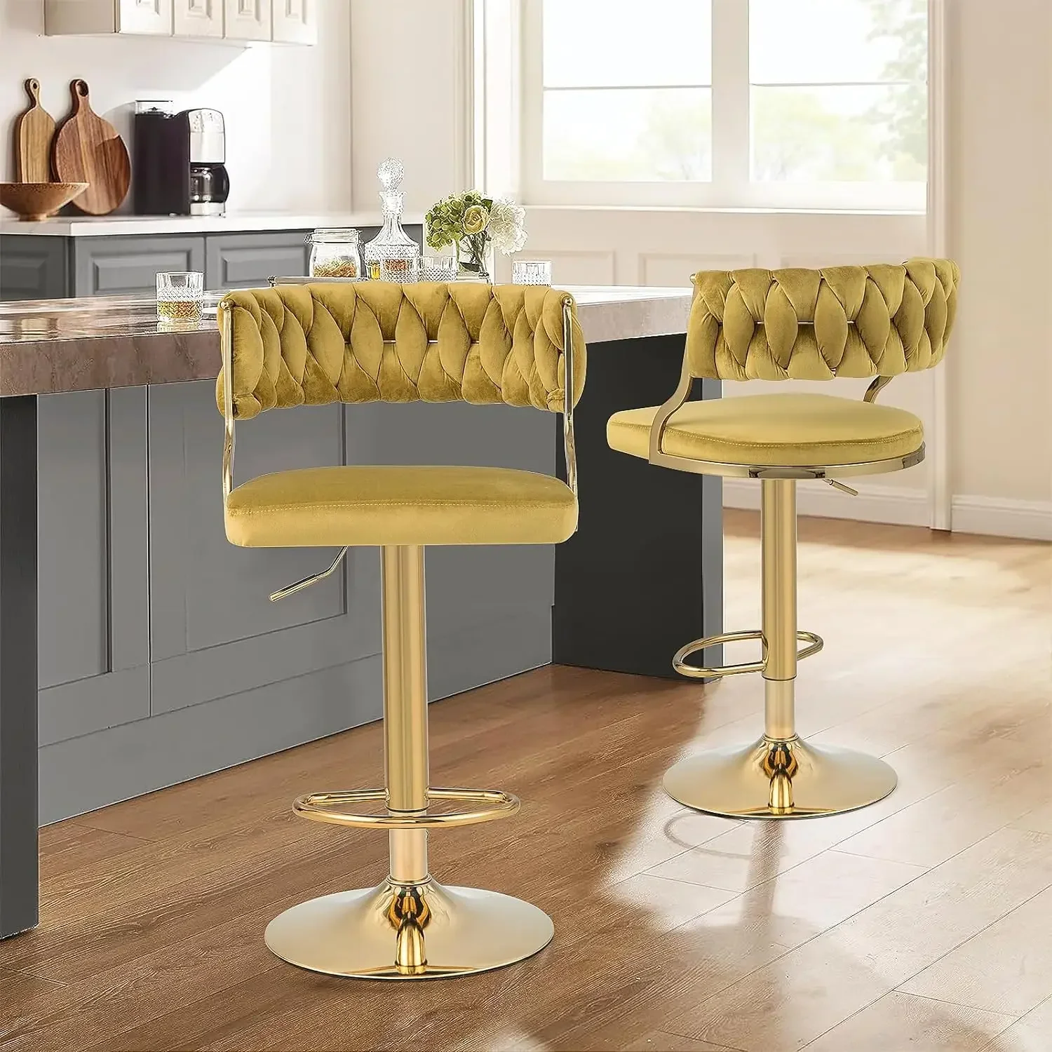 

Velvet Adjustable Bar Stools Set of 2, Max Load 400 Lbs, Modern Upholstered Swivel Barstools with Woven Back, Footrests