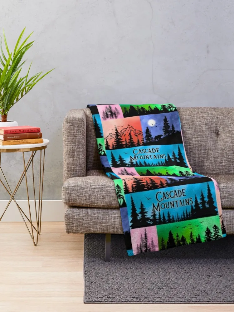 Cascade Mountains Pop-Art Design Nature Silhouette with Evergreen Forests & Bears Throw Blanket Luxury Brand Soft Beds Blankets