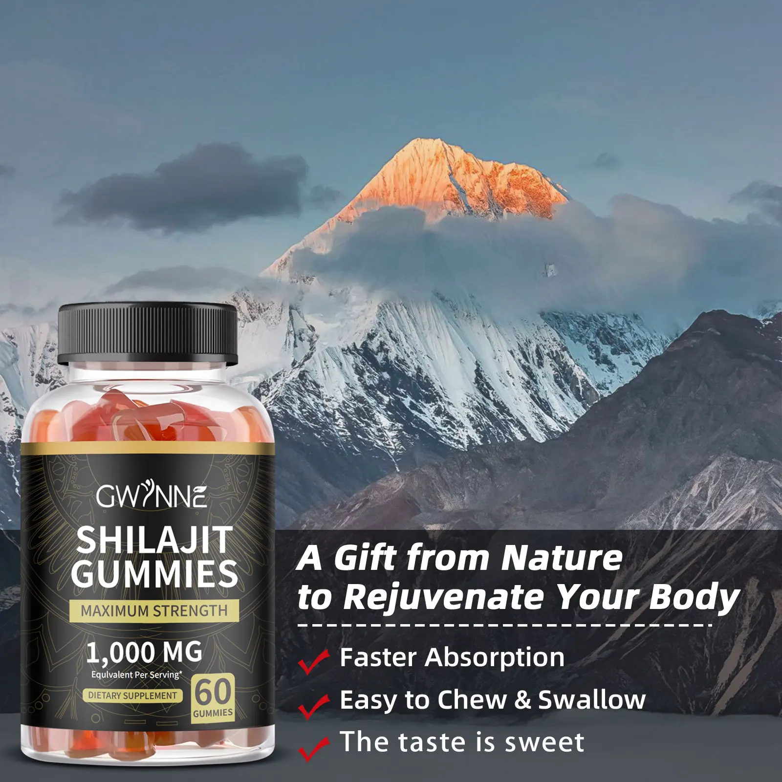 Gwynne Shilajit Shilajit Gummies 60 وحدة نكهة التوت والبطيخ + كبسولات شاراجي 60 وحدة 2 وحدة