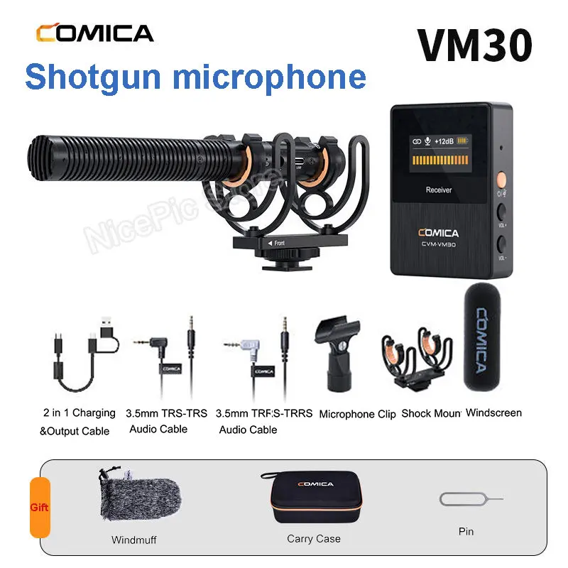 Comica VM30 Professional Shotgun Microphone Wireless Mic with Shock Mount, Mobile Phone Camera Microphone For Video Record