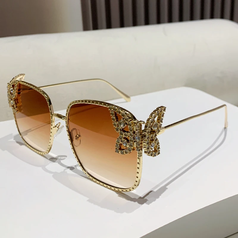 New butterfly diamond-encrusted square frame women fashion sunglasses street makeup camera glasses