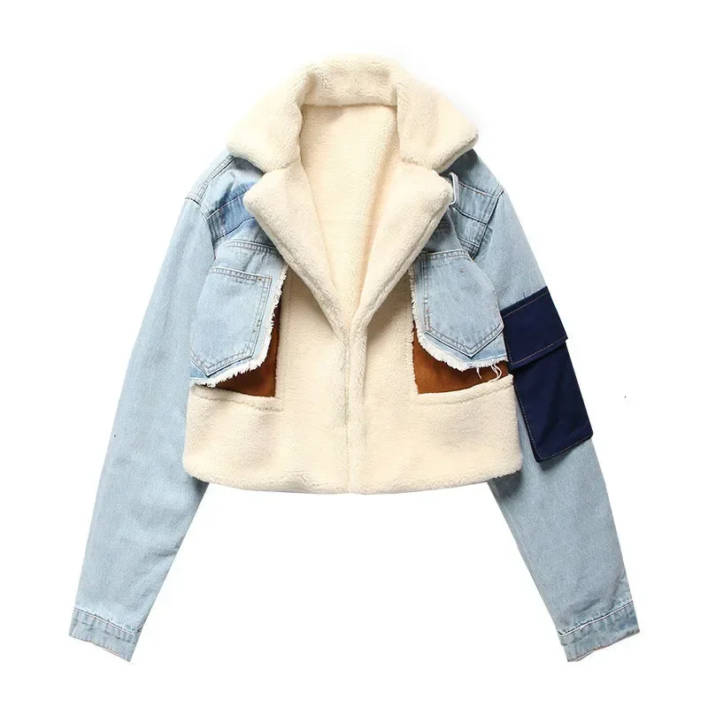 Plucked Denim Patchwork Jacket for Winter, New Lamb Wool Inner Lining Thickened Short Motorcycle Jacket, Cotton Jacket for Women