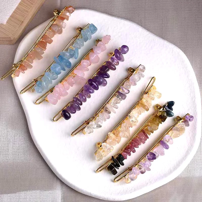 Geometric Hair Barrettes Natural Cystal Hairpin Beaded Amethysts Pink Quartz Stone Headdress Hair Accessories Hairgrip