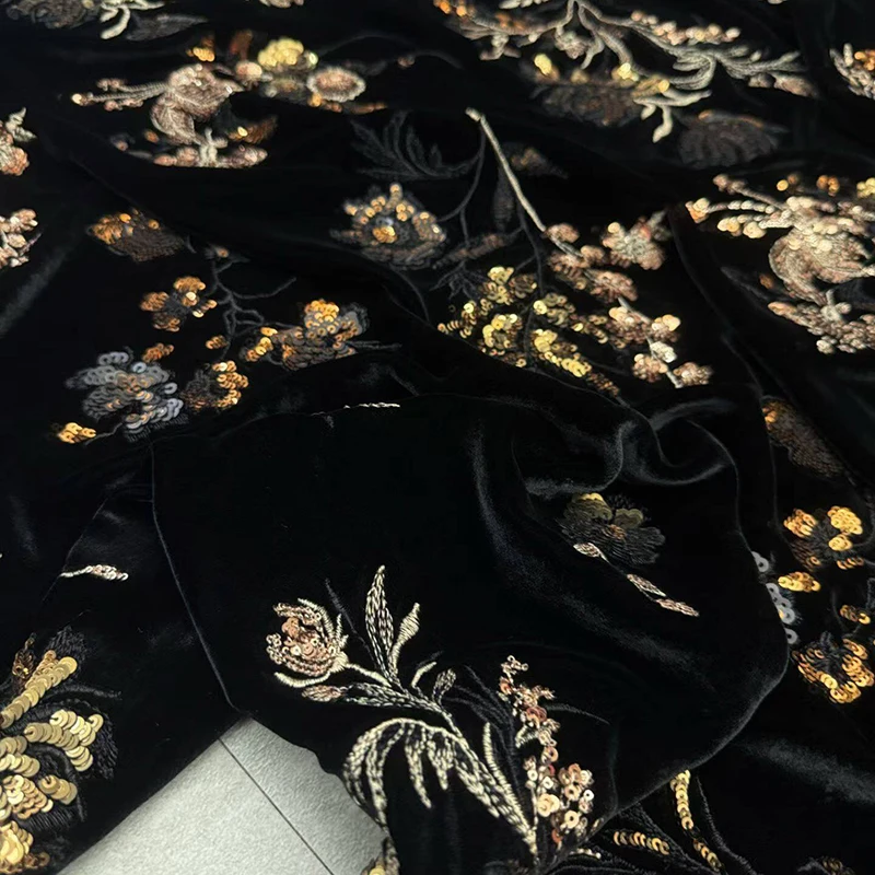 135CM Wide Sequins Golden Plants Warm Velour Silk Fabric for Autumn Winter Dress Jacket Black Velvet Fabric for DIY Sewing R7168