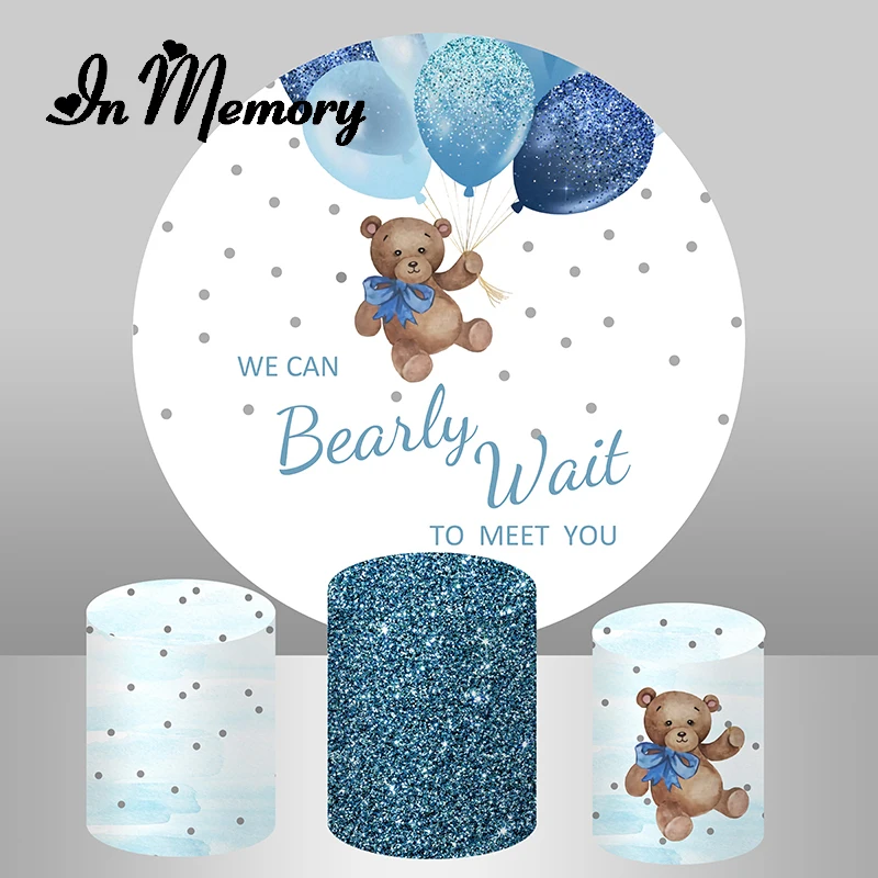 

Bear Balloons Baby Shower Round Backdrop Cover Blue White We Can Bearly Wait To Meet You Boys Newborn Background Plinth Covers