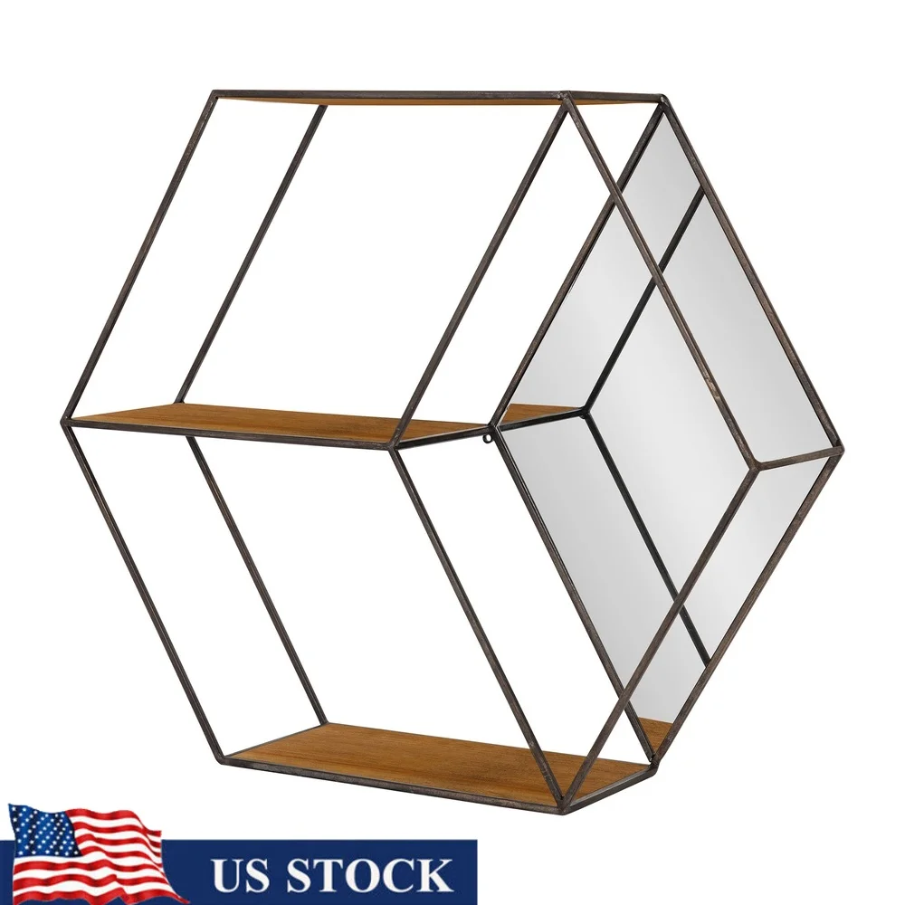 

Modern Hexagon Floating Wall Shelves with Mirror Rustic Brown Shelves Iron Frame Decorative Storage Home Bathroom Kitchen