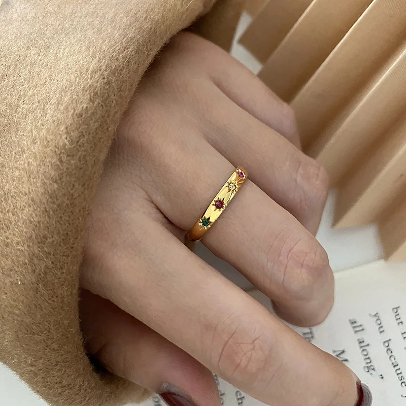 Retro Personality Colorful  Zircon Sun Adjustable Rings for Women Charm Gold Color Stainless Steel Star Finger Jewelry Colorfast