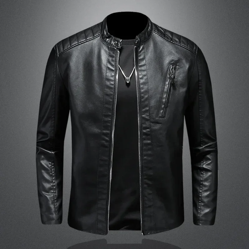 2023 Men Leather Jacket Stand Collar Slim Pu Leather Jacket Autumn Fashion Men Motorcycle Causal Coat Male Moto Biker Coat